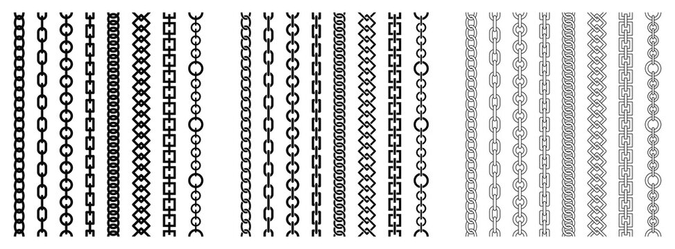 Chain pattern set. Braided ropes and chains seamless brush set. Vector illustration.