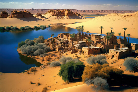 Near the city of Aswan on the banks of the Nile is a cluster of nubian homes perched on a sand mountain. Generative AI