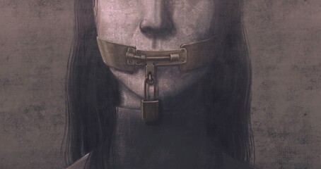Concept idea freedom of speech freedom of expression democracy feminism and censored, surreal painting, portrait illustration, political art, women's rights, conceptual artwork - obrazy, fototapety, plakaty