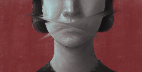 Concept idea freedom of speech freedom of expression democracy feminism and censored, surreal painting, portrait illustration, political art, women's rights, conceptual artwork