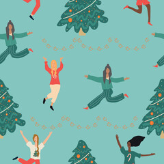Christmas party. Vector illustration of diverse people in Christmas outfits. Seamless pattern, 