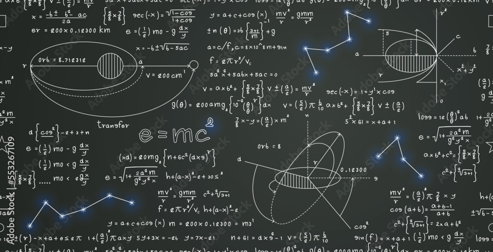 Wall mural mathematical formulas and physics explaining space orbits and stars seamless pattern.