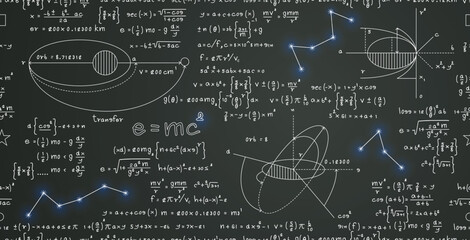 Mathematical formulas and physics explaining space orbits and stars seamless pattern. - obrazy, fototapety, plakaty