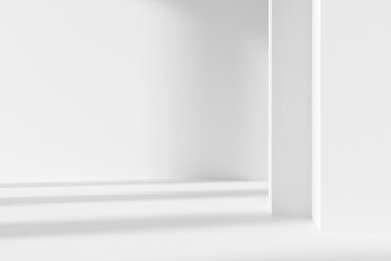 White sunny bright room architecture Design Background. Construction Concept. Abstract minimal architectural background. White wall with soft shadows. 3d rendering illustration