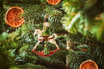 Christmas tree decoration.  Close up photo with selective focus.Merry Christmas and Happy New Year greeting card.