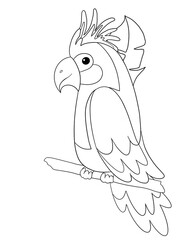 Black and white parrot on a branch. Idea for stickers, print, art, books, cartoon, graffiti, icon, coloring book for kids