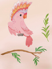 Illustration of colourful pink parrot and tree with leafs  Idea for stickers, print, art, books, cartoon, graffiti, icon © Bigoldsoul
