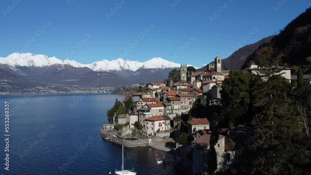 Sticker aerial view of corenno plinio a village on lake como