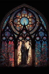 Gothic stained glass window in church. Beautiful.  Fantasy. Generative ai. 