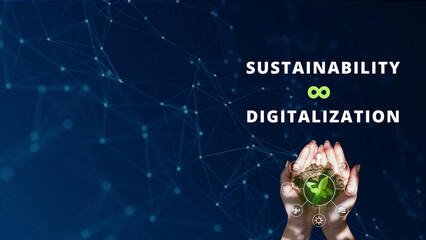 Sustainability and digitalization web banner on dark blue network background