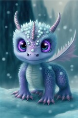 Icy blue and violet dragon, big purple eyes, cute, winter background. Generative ai. 