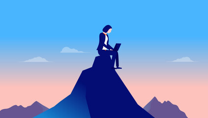 Work from anywhere - Woman sitting on mountaintop in nature landscape with laptop working remotely alone. Flat design vector illustration