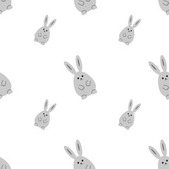 Gray rabbit, seamless pattern, vector. Gray cartoon rabbit on a white background.