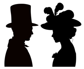 Silhouette profile portrait of victorian woman and man facing each other. Young couple eye to eye in historical clothing. 
 - obrazy, fototapety, plakaty