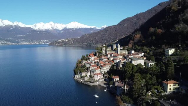 Aerial view of Corenno Plinio a village on Lake Como