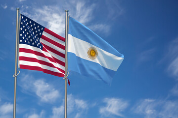 United States of America and Argentina Flags Over Blue Sky Background. 3D Illustration