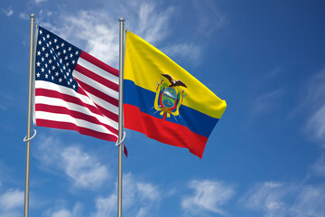 United States of America and Republic of Ecuador Flags Over Blue Sky Background. 3D Illustration