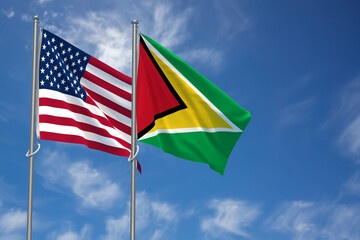 United States of America and Co-operative Republic of Guyana Flags Over Blue Sky Background. 3D Illustration