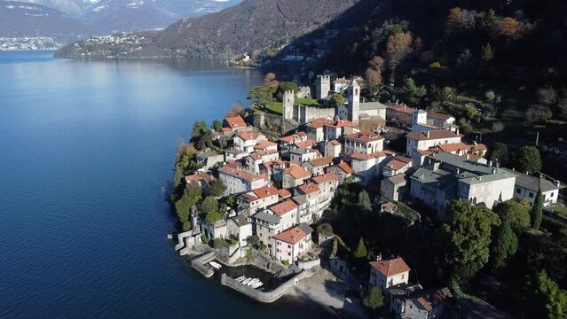 Aerial view of Corenno Plinio a village on Lake Como