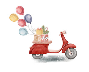 Merry Christmas winter cute cartoon scooter with balloons, gift boxes isolated on white. High quality illustration © Olesya Frolova