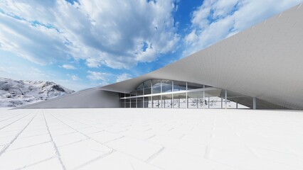 Architecture background exterior of curved wall building with panoramic windows 3d render