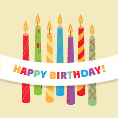 Happy Birthday card template. Birthday lighting candles and banner. Bright colors vector card.