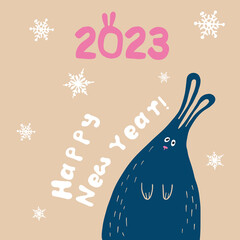 Happy New Year 2023 card, year of the rabbit. Vector hand drawn illustration of Chinese New Year  symbol. Season greeting card.