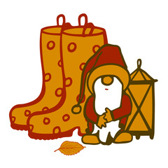 Elf in a hat with rubber boots and garden lantern. Hand drawn doodle cute garden autumn illustration. Vector elements for season  advertising, proclamation, flyer design.
