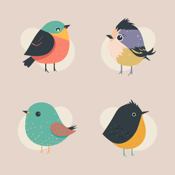 Vector collection set of cute chubby little fat colorful birds, funny wildlife characters, perfect for kids print design, textile decoration, greeting cards, print, stickers, logo, 