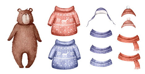 Set of Merry Christmas cute cartoon bear ,scarfs, hats, sweaters on a white background. High quality illustration