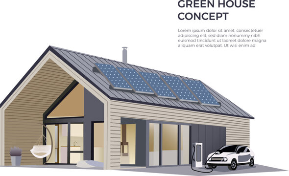 Modern Eco Private House with  Solar Energy Panels, Electric Car near Charging Station, Renewable Energy. Eco-friendly modern house. Flat Isometric Vector Illustration.