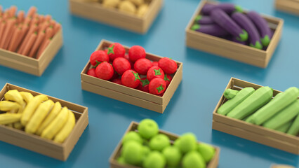 A variety of boxes full of polygonal fruits and vegetables on a blue background. The concept of fresh and healthy food. 3d rendering.