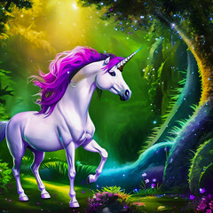 Plakat Unicorn in a mystical forest, beautiful and colorful digital drawing, created with Generative AI