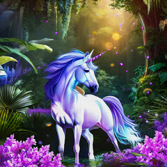 Unicorn in a mystical forest, beautiful and colorful digital drawing, created with Generative AI