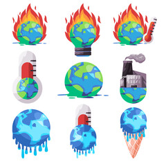 Global warming globe burning climate change melting heating burning temperature earth icon illustration