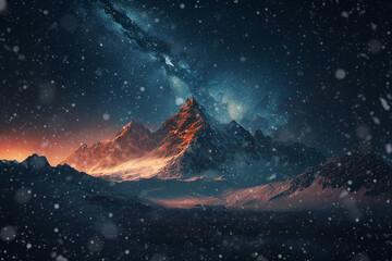 Amazing big mountains with starry sky at sunset with snow in winter holidays.
