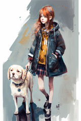 child anime girl with dog