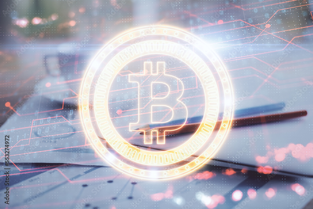 Aufkleber Double exposure of blockchain and crypto economy theme hologram and table with computer background. Concept of bitcoin cryptocurrency.