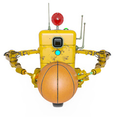 industrial robot is holding a basketball ball