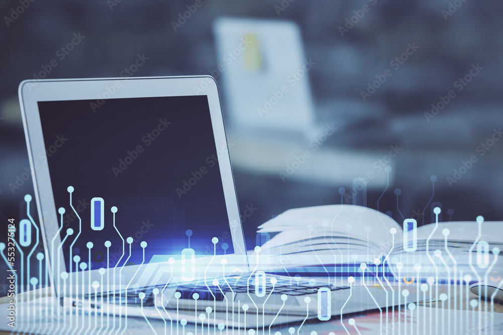 Poster Double exposure of table with computer on background and data theme hologram. Data technology concept.