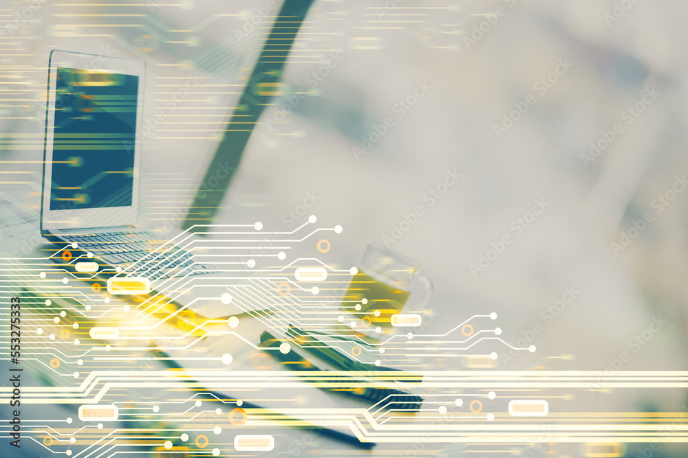 Poster Double exposure of table with computer on background and data theme drawing. Concept of innovation.