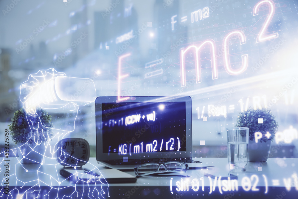 Poster desktop computer background and formula hologram writing. double exposure. education concept.
