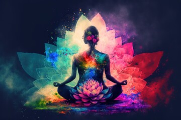 Woman Doing Yoga With Lotus Flowers And Chakra Gradient Colors - Spiritual Contemplation