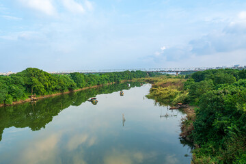Vietnam, Hanoi, the Hong  River (red river) delta with it's house boats. 