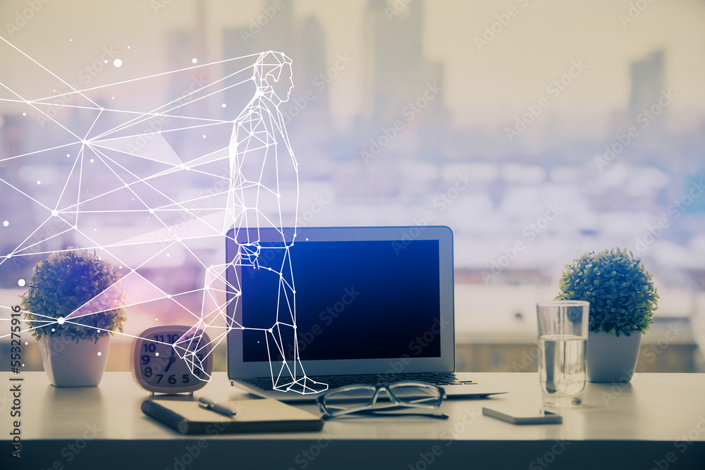 Poster desktop computer background in office and start up theme hologram drawing. double exposure. startup 