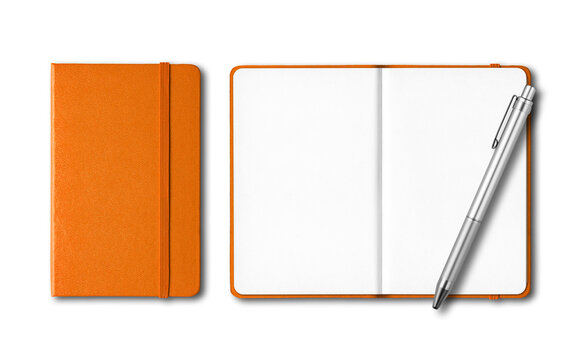 Orange closed and open notebooks with a pen isolated on transparent background