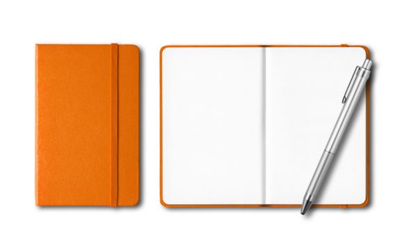 Orange closed and open notebooks with a pen isolated on transparent background