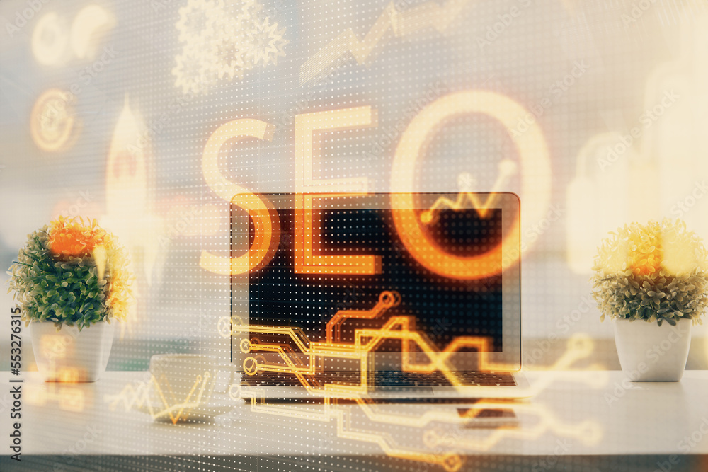 Poster Double exposure of table with computer and seo drawing hologram. Search optimization concept.