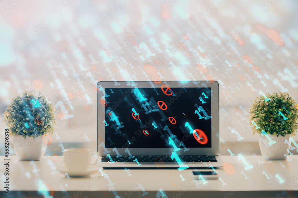 Aufkleber Double exposure of table with computer on background and data theme drawing. Concept of innovation.