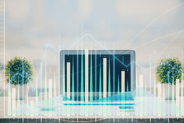 Forex Chart hologram on table with computer background. Double exposure. Concept of financial markets.